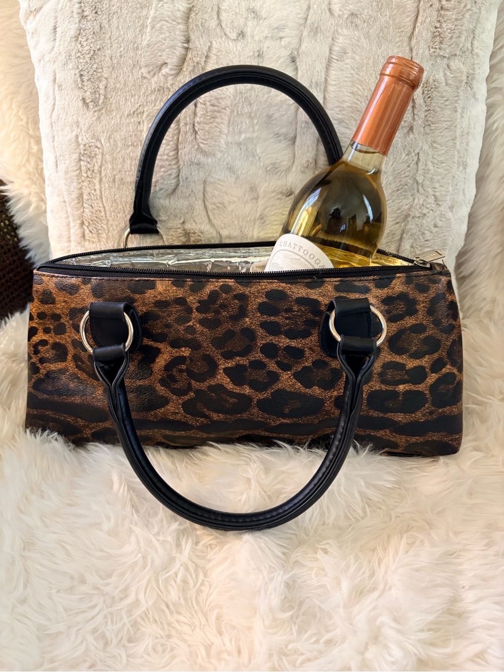 Leopard Print Wine Carrier Handbag cooler - Black Handles, by Primeware